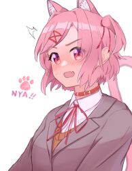 Rule 34 | 1girl, ^^^, animal collar, animal ear fluff, animal ears, blurry, blurry background, blush, bob cut, breasts, brown sweater vest, cat ears, cat girl, cat paw, cat tail, close-up, collar, commentary, depth of field, doki doki literature club, dress shirt, embarrassed, fang, grey jacket, hair intakes, hair ornament, hair ribbon, highres, jacket, looking at viewer, natsuki (doki doki literature club), neck ribbon, nose blush, pink eyes, pink hair, red ribbon, red sailor collar, ribbon, romaji text, sailor collar, school uniform, shirt, short hair, simple background, skin fang, small breasts, solo, sweatdrop, sweater vest, swept bangs, tail, translated, two side up, upper body, v-shaped eyebrows, wahhuru1129, white background, white shirt, x hair ornament