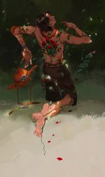 Rule 34 | 1boy, absurdres, avenoirn, barefoot, bead necklace, beads, bracelet, death, flower, from behind, hat, unworn hat, unworn headwear, highres, jewelry, kneeling, male focus, necklace, one piece, outdoors, plant, portgas d. ace, rose, solo, symbolism, topless male, vines
