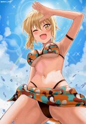 Rule 34 | 1girl, arm strap, arm up, armpits, bikini, blonde hair, blue sky, breasts, cloud, from below, heart, heart print, highres, large breasts, looking at viewer, looking down, love live!, love live! nijigasaki high school idol club, miyashita ai, multicolored bikini, multicolored clothes, navel, one eye closed, open mouth, pokehikaxyz, ponytail, print sarong, sarong, sidelocks, sky, smile, solo, stomach, swimsuit, twitter username, yellow eyes