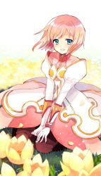 Rule 34 | 00s, 1girl, bad id, bad pixiv id, blue eyes, blush, dress, estellise sidos heurassein, field, flower, gloves, hara yui, pink hair, solo, tales of (series), tales of vesperia, v arms, white gloves