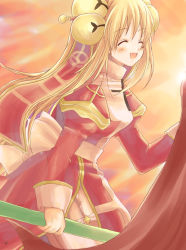 Rule 34 | 1girl, :d, ^ ^, armor, armored dress, bell, blonde hair, closed eyes, cowboy shot, dress, high priest (ragnarok online), holding, jingle bell, long hair, long sleeves, open mouth, priestess, ragnarok online, red dress, smile, solo, very long hair