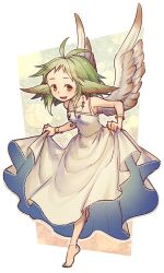 Rule 34 | 1girl, barefoot, bracelet, dress, feathered wings, feet, female focus, green hair, highres, jewelry, kiitos, messy hair, open mouth, original, solo, toes, wings