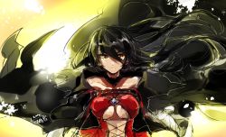 Rule 34 | 1girl, armor, bare shoulders, black hair, black neckwear, breasts, cape, center opening, choker, clothing cutout, coat, collarbone, cross-laced clothes, cross-laced cutout, female focus, gradient background, long hair, looking at viewer, minazaka, navel, slit pupils, solo, tales of (series), tales of berseria, underboob, velvet crowe, yellow background, yellow eyes