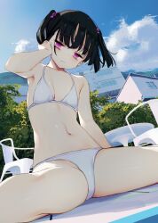 1girl absurdres bare_legs_girl_(kamizaki_hibana) bikini black_hair blush breasts cleavage closed_mouth cloud cloudy_sky collarbone from_below highres kamizaki_hibana light_frown looking_at_viewer navel original outdoors pink_eyes pool short_hair short_twintails sky small_breasts solo spread_legs swimsuit twintails white_bikini