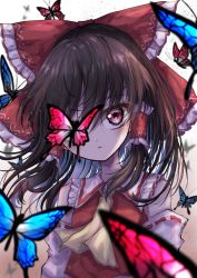 Rule 34 | 1girl, absurdres, animal, ascot, bare shoulders, black hair, blush, bow, brown eyes, bug, butterfly, detached sleeves, gradient background, hair tubes, hakurei reimu, highres, insect, japanese clothes, kayon (touzoku), medium hair, nontraditional miko, open mouth, red bow, ribbon-trimmed sleeves, ribbon trim, sidelocks, solo, touhou, upper body, wide sleeves, yellow ascot