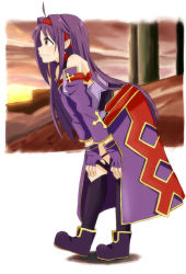 Rule 34 | 1girl, ahoge, armor, bare shoulders, bent over, boots, breastplate, detached sleeves, fingerless gloves, from side, gloves, hairband, hands on own knees, long hair, pointy ears, pupupu (usamisenpai), purple hair, red hairband, solo, standing, sword art online, thigh boots, thighhighs, very long hair, yuuki (sao)