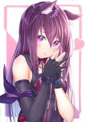 Rule 34 | 1girl, absurdres, animal ear fluff, animal ears, arknights, armband, asymmetrical gloves, black dress, black gloves, blush, bracelet, breasts, cat ears, dress, elbow gloves, gloves, hair between eyes, heart, highres, jewelry, long hair, looking at viewer, medium breasts, melantha (arknights), own hands together, parted lips, pink background, purple eyes, purple hair, simple background, solo, takechii, two-tone background, uneven gloves, upper body, white background