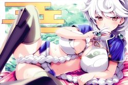 Rule 34 | 10s, 1girl, between breasts, blush, braid, breasts, brown eyes, cleavage, clothes lift, female focus, hair between breasts, huge breasts, kantai collection, long hair, looking at viewer, lying, on side, silver hair, skirt, skirt lift, solo, spread legs, sweat, thighhighs, tranquillianusmajor, unryuu (kancolle), very long hair