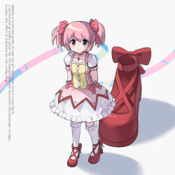 Rule 34 | 1girl, arms behind back, bow, dress, dress bow, english text, frilled dress, frilled sleeves, frilled socks, frills, from above, hair ribbon, highres, kaname madoka, looking at viewer, mahou shoujo madoka magica, mahou shoujo madoka magica (anime), morizo (morizoshop), pink eyes, pink hair, puffy dress, puffy short sleeves, puffy sleeves, red footwear, ribbon, short sleeves, short twintails, simple background, smile, socks, solo, soul gem, standing, twintails