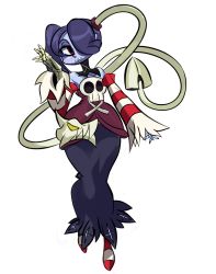 Rule 34 | 1girl, bare shoulders, blue hair, blue skin, breasts, cleavage, colored skin, detached collar, detached sleeves, hair over one eye, highres, leviathan (skullgirls), long skirt, medium breasts, purple hair, side ponytail, skirt, skull, skullgirls, squigly (skullgirls), stitched mouth, stitches, striped legwear, striped sleeves, zombie