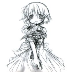 Rule 34 | 00s, 1girl, blush, cowboy shot, dress, flower, greyscale, hair ornament, hairclip, hidamari sketch, looking at viewer, monochrome, non-web source, own hands clasped, own hands together, short hair, simple background, sketch, smile, solo, standing, sunflower, white background, x hair ornament, yuno (hidamari sketch)