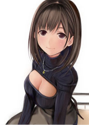Rule 34 | 1girl, anegasaki nene, black skirt, black sweater, blush, breasts, brown hair, cleavage, cleavage cutout, closed mouth, clothing cutout, foreshortening, from above, jewelry, long sleeves, looking at viewer, looking up, love plus, medium breasts, medium hair, meme attire, mole, mole under eye, nannacy7, necklace, open-chest sweater, purple eyes, short hair, simple background, sitting, skirt, smile, solo, sweater, tareme, white background