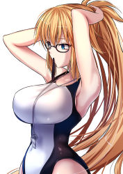 Rule 34 | 1girl, akeyama kitsune, armpits, arms up, bare shoulders, blonde hair, blue eyes, breasts, cleavage, collarbone, competition swimsuit, fate/grand order, fate (series), glasses, high ponytail, highleg, highleg swimsuit, jeanne d&#039;arc (fate), jeanne d&#039;arc (ruler) (fate), jeanne d&#039;arc (swimsuit archer) (fate), large breasts, long hair, looking to the side, mouth hold, one-piece swimsuit, ponytail, swimsuit, tying hair, very long hair, whistle, whistle around neck