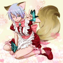 Rule 34 | 10s, 1990s (style), 1boy, animal ears, b-daman, bent over, bug, butterfly, cross fight b-daman, full body, green eyes, grey hair, homura naoya, bug, maid, male focus, solo, tail, tongue, trap, v, wink
