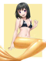 Rule 34 | 1girl, :d, aged up, awono nanaumi, bikini, bikini top only, black bikini, black hair, borrowed character, breasts, cleavage, collarbone, commentary request, commission, highres, izumi jun, looking at viewer, lower teeth only, medium breasts, medium hair, mermaid, monster girl, navel, open mouth, original, purple eyes, skeb commission, smile, solo, swimsuit, teeth