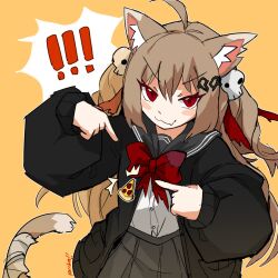 Rule 34 | !, !!, &gt;:), 1girl, :3, ahoge, animal ear fluff, animal ears, artist name, badge, bandaged tail, black cardigan, black sailor collar, black skirt, blush stickers, bow, bowtie, broken heart hair ornament, button badge, cardigan, cat ears, cat tail, commentary, cowboy shot, dress shirt, english commentary, evil neuro-sama, fang, food, hair between eyes, hair ornament, hair ribbon, highres, indie virtual youtuber, light brown hair, long hair, long sleeves, neuro-sama, official alternate costume, pasharuu, pizza, pizza slice, pocket, pointing, puffy long sleeves, puffy sleeves, red bow, red bowtie, red eyes, red ribbon, ribbon, sailor collar, shirt, sidelocks, skirt, skull hair ornament, smug, solo, spoken exclamation mark, tail, torn bow, two side up, v-shaped eyebrows, virtual youtuber, white shirt