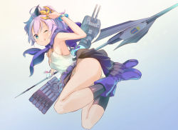 Rule 34 | 1girl, ;q, ass, azur lane, bangle, bare shoulders, black ribbon, black skirt, black socks, blush, boots, bracelet, breasts, camisole, closed mouth, commentary request, crown, green eyes, hair ribbon, holding, holding weapon, javelin, javelin (azur lane), jewelry, kneehighs, looking at viewer, looking to the side, medium breasts, mini crown, name connection, object namesake, one eye closed, pachi (sugiyama0306), panties, purple footwear, purple hair, ribbon, skirt, smile, socks, solo, thighs, tongue, tongue out, underwear, weapon, white camisole, white panties