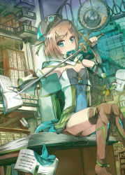 Rule 34 | 1girl, absurdres, beret, bird, black gloves, blue eyes, book, bookshelf, boots, branch, breasts, brown hair, capelet, cleavage, clock, desk, dress, elbow gloves, fingerless gloves, food, fruit, gloves, hair ornament, hairclip, hat, highres, holding, holding book, holding sword, holding weapon, indoors, jewelry, knees together feet apart, library, looking at viewer, magic, mouth hold, open book, original, pendant, railing, rapier, ripples, seneto, short hair, shorts, sitting, small breasts, solo, stairs, strapless, strapless dress, swept bangs, sword, thigh boots, thighhighs, weapon