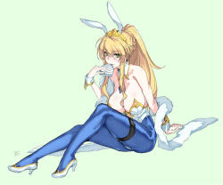 Rule 34 | 1girl, ahoge, animal ears, artoria pendragon (all), artoria pendragon (fate), artoria pendragon (swimsuit ruler) (fate), bare shoulders, blonde hair, blue neckwear, blue pantyhose, blush, braid, breasts, card, cleavage, clothing cutout, collarbone, detached collar, fake animal ears, fate/grand order, fate (series), feather boa, fishnet pantyhose, fishnets, french braid, green eyes, high heels, highleg, highleg leotard, large breasts, legs, leotard, long hair, looking at viewer, navel cutout, pantyhose, playboy bunny, playing card, ponytail, rabbit ears, sidelocks, simple background, sitting, smile, solo, thigh strap, tiara, tooya daisuke, white footwear, white leotard, wrist cuffs