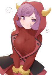 Rule 34 | 1girl, :t, puff of air, blush, breasts, closed mouth, commentary request, courtney (pokemon), creatures (company), eyelashes, fake horns, game freak, gloves, highres, hood, hood up, horns, looking at viewer, nagoooon 114, nintendo, pokemon, pokemon oras, pout, purple eyes, purple hair, short hair, simple background, solo, team magma, team magma uniform, turtleneck, white background