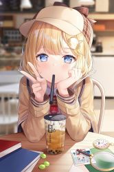 Rule 34 | 1girl, beige jacket, blonde hair, blue eyes, blurry, blurry background, blush, book, breasts, brown capelet, brown hat, brown jacket, bubble tea, capelet, chair, collared shirt, commentary, cup, depth of field, detective, disposable cup, drinking straw, english commentary, food, fruit, gawr gura, grapes, hair ornament, hands up, hat, highres, hitsukuya, hololive, hololive english, holomyth, indoors, jacket, large breasts, long sleeves, looking at viewer, magnifying glass, mouth hold, mustache print, necktie, on chair, photo (object), plaid headwear, pocket watch, red necktie, roman numeral, shirt, short hair, short necktie, sitting, solo, table, v, virtual youtuber, watch, watson amelia, watson amelia (1st costume), white shirt