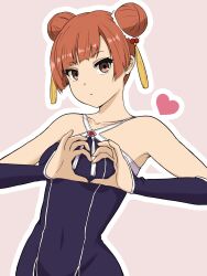Rule 34 | 1girl, age+, bare shoulders, bracer, breasts, brown eyes, closed mouth, collarbone, covered navel, criss-cross halter, double bun, dress, hair bun, hair ornament, halterneck, heart, heart hands, highres, laufen (sousou no frieren), looking at viewer, medium breasts, pink background, purple dress, simple background, sleeveless, sleeveless dress, solo, sousou no frieren, tassel, tassel hair ornament, upper body