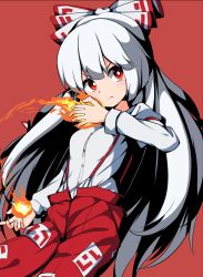 Rule 34 | 1girl, bow, buttons, fire, fujiwara no mokou, hair bow, kredorf, long hair, looking to the side, ofuda, ofuda on clothes, pants, red background, red eyes, red pants, simple background, solo, suspenders, touhou, white hair