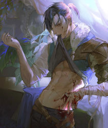 Rule 34 | 1boy, armor, bandaged hand, bandages, belt, black hair, blood, blood on clothes, blood on face, blood on hands, bloody bandages, clothes lift, curtains, cuts, felix hugo fraldarius, fire emblem, fire emblem: three houses, first aid, fur trim, hand up, holding, holding needle, indoors, injury, leaf, male focus, messy hair, minty0, navel, needle, night, nintendo, pants, plant, ponytail, ribbed sweater, scar, scar on chest, scar on stomach, sewing, sewing needle, shirt lift, shoulder armor, sleeves pushed up, solo, sweat, sweater, toned, toned male