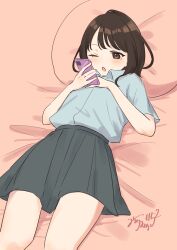 Rule 34 | 1girl, :o, absurdres, black hair, blush, brown eyes, feet out of frame, grey shirt, grey skirt, highres, holding, holding phone, looking at object, lying, mitora nao, on back, one eye closed, open mouth, original, phone, pillow, pleated skirt, school uniform, shirt, shirt tucked in, short hair, short sleeves, skirt, solo, thighs