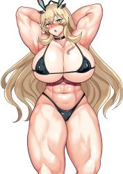 Rule 34 | 1girl, abs, absurdres, armpits, arms behind head, arms up, bare shoulders, barghest (fate), biceps, bikini, black bikini, blonde hair, blush, breasts, choker, cleavage, collarbone, covered erect nipples, fate/grand order, fate (series), green eyes, harurukan, heterochromia, highres, horns, huge breasts, long hair, looking at viewer, micro bikini, muscular, muscular female, navel, open mouth, red eyes, solo, swimsuit, thick thighs, thighs