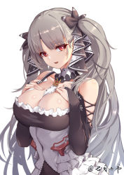 Rule 34 | 1girl, azur lane, bare shoulders, between breasts, black dress, blush, breasts, cleavage, dress, formidable (azur lane), frilled dress, frills, grey hair, hair ribbon, hands on own chest, highres, jewelry, large breasts, liu lan, long hair, long sleeves, looking at viewer, open mouth, red eyes, ribbon, simple background, solo, twintails, two-tone dress, two-tone ribbon, very long hair, white background
