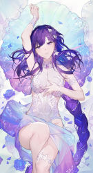 Rule 34 | 1girl, alternate costume, arm up, armlet, bad id, bad pixiv id, bangle, bare arms, bare shoulders, beads, blue flower, blue rose, bracelet, braid, breasts, bridal veil, clothing cutout, dress, earrings, feet out of frame, flower, from above, genshin impact, hair flower, hair ornament, highres, jewelry, knee up, long hair, looking at viewer, low-braided long hair, low-tied long hair, lying, medium breasts, mitsudomoe (shape), mole, mole under eye, on back, parted lips, petals, purple eyes, purple flower, purple hair, qiandaiyiyu, raiden shogun, ring, rose, single braid, solo, swept bangs, thighlet, thighs, tomoe (symbol), veil, very long hair, wedding dress, wedding ring
