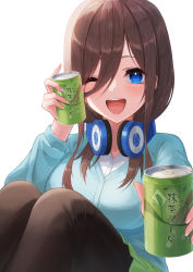 Rule 34 | 1girl, absurdres, blue eyes, blue sweater, breasts, brown hair, can, go-toubun no hanayome, green tea, hair between eyes, headphones, headphones around neck, highres, hiyoku, large breasts, long hair, looking at viewer, nakano miku, one eye closed, open mouth, pantyhose, smile, solo, sweater, tea
