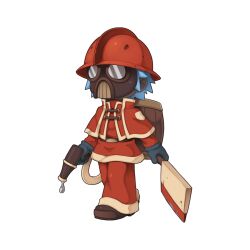 1other ambiguous_gender axe black_gloves blue_hair capelet chibi chibi_only firefighter full_body gas_mask gloves hard_hat hat helmet holding holding_axe holding_water_gun jacket mask masked official_art other_focus pants ragnarok_online red_capelet red_hat red_jacket red_pants red_shirt remover_(ragnarok_online) shirt short_hair simple_background solo transparent_background water_gun yuichirou