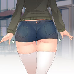 Rule 34 | 1girl, ass, backboob, blue shorts, breasts, from behind, girls und panzer, highres, kay (girls und panzer), large breasts, military, military uniform, nakamura yukitoshi, outdoors, saunders military uniform, short shorts, shorts, solo, thighhighs, thighs, uniform, white thighhighs