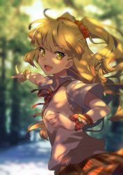 Rule 34 | 1girl, :d, blonde hair, bow, bracelet, brown skirt, day, fangs, floating hair, hair ornament, highres, idolmaster, idolmaster cinderella girls, index finger raised, jewelry, jougasaki rika, long hair, looking at viewer, matsuda toki, miniskirt, neck ribbon, open mouth, outdoors, outstretched arm, pleated skirt, polka dot, polka dot bow, red bow, red ribbon, ribbon, school uniform, shirt, short sleeves, skirt, smile, solo, twintails, two side up, very long hair, vest, white polka dots, white shirt, yellow eyes