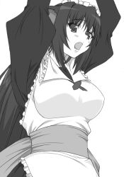 Rule 34 | 1girl, arms up, breasts, covered erect nipples, fang, greyscale, large breasts, maid, monochrome, open mouth, shichimenchou, simple background, solo