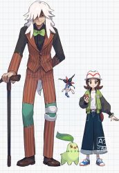 1boy 1girl arm_behind_back az_(pokemon) bow bowtie brown_hair brown_pants brown_shoes brown_vest cane chikorita closed_mouth commentary creatures_(company) female_protagonist_(pokemon_legends:_z-a) floette floette_(eternal) game_freak gen_2_pokemon gen_6_pokemon green_bow green_bowtie grey_asa grid_background hat height_difference highres holding holding_cane holding_poke_ball jacket long_hair looking_at_viewer nintendo open_clothes open_jacket pants patchwork_clothes poke_ball poke_ball_(basic) pokemon pokemon_(creature) pokemon_legends:_z-a shaded_face shirt shoes socks standing vest white_hair white_hat