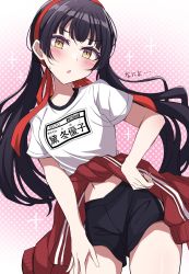Rule 34 | black hair, black shorts, blush, breasts, chestnut mouth, clothes around waist, commentary request, eyelashes, hairband, hand on own hip, hand on own thigh, highres, idolmaster, idolmaster shiny colors, jacket, jacket around waist, long hair, looking at viewer, mayuzumi fuyuko, medium breasts, meiji (meizi493), midriff peek, name tag, navel, pink background, polka dot, polka dot background, red hairband, shirt, shorts, solo, sparkle, thighs, track jacket, twintails, white shirt, yellow eyes
