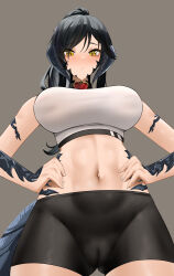 1girl abs au_ra bike_shorts black_hair blush breasts cameltoe closed_mouth commission dragon_horns dragon_tail embarrassed eyebrows_hidden_by_hair final_fantasy final_fantasy_xiv from_below gluteal_fold grey_background hands_on_own_hips highres horns large_breasts looking_at_viewer navel nvl ponytail sapphira_nyx scales second-party_source simple_background slit_pupils solo sports_bra stomach tail underboob warrior_of_light_(ff14) yellow_eyes