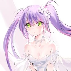 Rule 34 | 1girl, anzuni (marblefrog), breasts, character request, choker, cleavage, collarbone, dress, flower, green eyes, hair flower, hair ornament, highres, long hair, looking at viewer, medium breasts, purple hair, solo, tagme, twintails, virtual youtuber, white choker, white dress