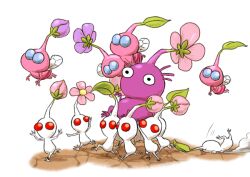 Rule 34 | black eyes, blue eyes, bud, carrying, carrying person, colored skin, commentary request, flower, flying, insect wings, leaf, nintendo, no humans, no mouth, pikmin (creature), pikmin (series), pink flower, pink skin, purple flower, purple hair, purple pikmin, purple skin, red eyes, short hair, simple background, smoke, solid circle eyes, tripping, very short hair, white background, white pikmin, winged pikmin, wings, yamato koara