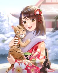 Rule 34 | 1girl, animal, black bow, black sash, blush, bow, brown eyes, brown hair, commentary, day, english commentary, floral print, fur scarf, hair ornament, highres, holding, holding animal, japanese clothes, kimono, large bow, lilia creative, long sleeves, looking at viewer, medium hair, mixed-language commentary, nail polish, obi, open mouth, original, outdoors, print kimono, red kimono, red nails, sash, snow, teeth, tiger, tiger cub, upper body, upper teeth only, wide sleeves, winter