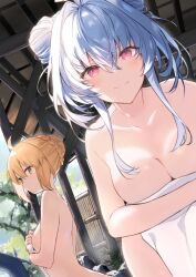 Rule 34 | 2girls, ahoge, artoria pendragon (all), artoria pendragon (fate), bare shoulders, bathing, blonde hair, blush, braid, breasts, cleavage, collarbone, double bun, fate/grand order, fate/prototype, fate/stay night, fate (series), french braid, fukuda935, green eyes, hair bun, leaning forward, long hair, looking at viewer, medium breasts, merlin (fate/prototype), multiple girls, onsen, purple eyes, saber (fate), sidelocks, small breasts, smile, thighs, towel, white hair