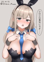 Rule 34 | 1girl, absurdres, animal ears, between breasts, black leotard, blue eyes, blue necktie, blush, bow, bowtie, breasts, covered navel, detached collar, gradient background, grey background, haruno plum, headgear, highres, kantai collection, large breasts, leotard, light brown hair, long hair, low twintails, maryland (kancolle), necktie, necktie between breasts, playboy bunny, rabbit ears, speech bubble, strapless, strapless leotard, sweatdrop, twintails, upper body