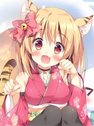 Rule 34 | &gt; &lt;, 1girl, :d, animal ears, bell, black choker, black pantyhose, blonde hair, blush, bow, choker, clenched hands, commentary request, detached sleeves, fang, hair bell, hair bow, hair ornament, japanese clothes, jingle bell, kimono, lens flare, long sleeves, looking at viewer, obi, open mouth, pan (mimi), pantyhose, paw pose, pink bow, pink kimono, red eyes, sash, short hair, smile, solo focus, tail, tiger ears, tiger tail, toranoana