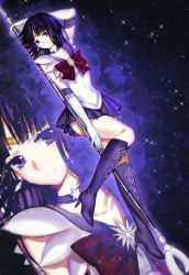 Rule 34 | 1girl, absurdres, bishoujo senshi sailor moon, brooch, elbow gloves, gloves, highres, holding, holding polearm, holding spear, holding weapon, looking at viewer, pleated skirt, polearm, purple eyes, purple hair, purple skirt, sailor saturn, shirt, short hair, silence glaive, skirt, smile, solo, spear, staff, star brooch, tomoe hotaru, weapon, white gloves, white shirt, yue (pixiv4635680), zoom layer