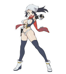 Rule 34 | 1girl, adapted costume, akari (pokemon), bandana, black hair, blue thighhighs, boots, breasts, creatures (company), elbow gloves, eudetenis, fingerless gloves, full body, fundoshi, game freak, gloves, grey eyes, hand on own hip, highres, japanese clothes, large breasts, long hair, navel, nintendo, open mouth, platform boots, platform footwear, pointing, pointing at viewer, pokemon, pokemon legends: arceus, red scarf, revealing clothes, scarf, seamed legwear, side-seamed legwear, sideboob, solo, thighhighs, white bandana, white footwear