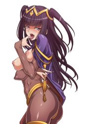 Rule 34 | 1girl, ass, black hair, breasts, breasts out, finger to mouth, fire emblem, fire emblem awakening, looking back, nail polish, nintendo, nipples, open mouth, syunzou, tharja (fire emblem), tongue, tongue out, white background