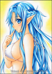 Rule 34 | 10s, 1girl, artist name, asuna (sao), asuna (sao-alo), bikini, blue eyes, blue hair, blush, breasts, colored eyelashes, covered erect nipples, elf, female focus, finger to face, gradient background, large breasts, long hair, marker (medium), matching hair/eyes, nightmare77zx, parted lips, pointy ears, skindentation, solo, swimsuit, sword art online, traditional media, white bikini
